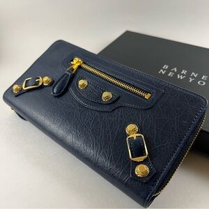 Balenciaga Continental Zip Around Wallet Giant 12 Gold Hardware Blue Obscur NEW